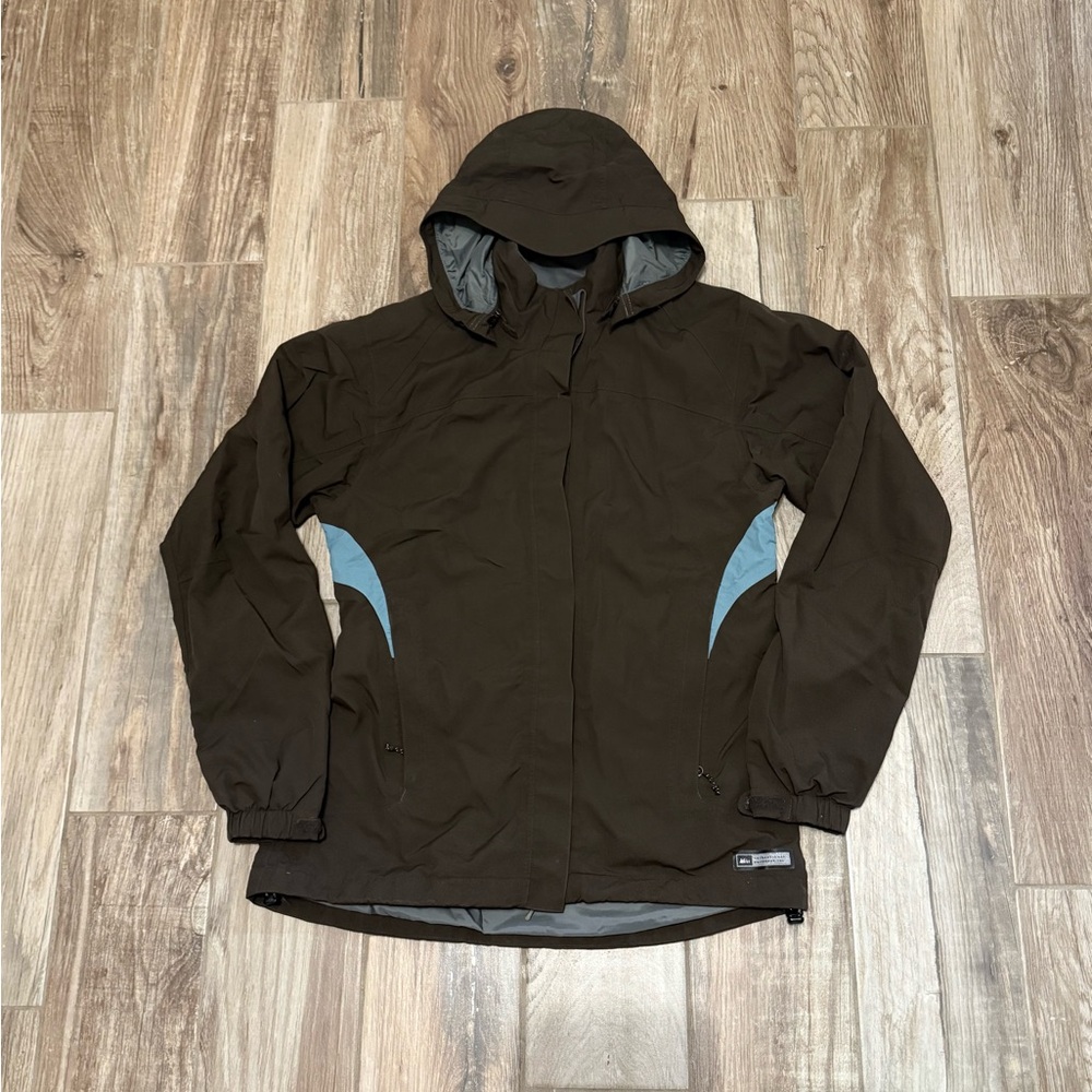 REI Jacket Womens Medium Brown Hooded Zip Serpa Lined Rain Element Outdoor Hiker